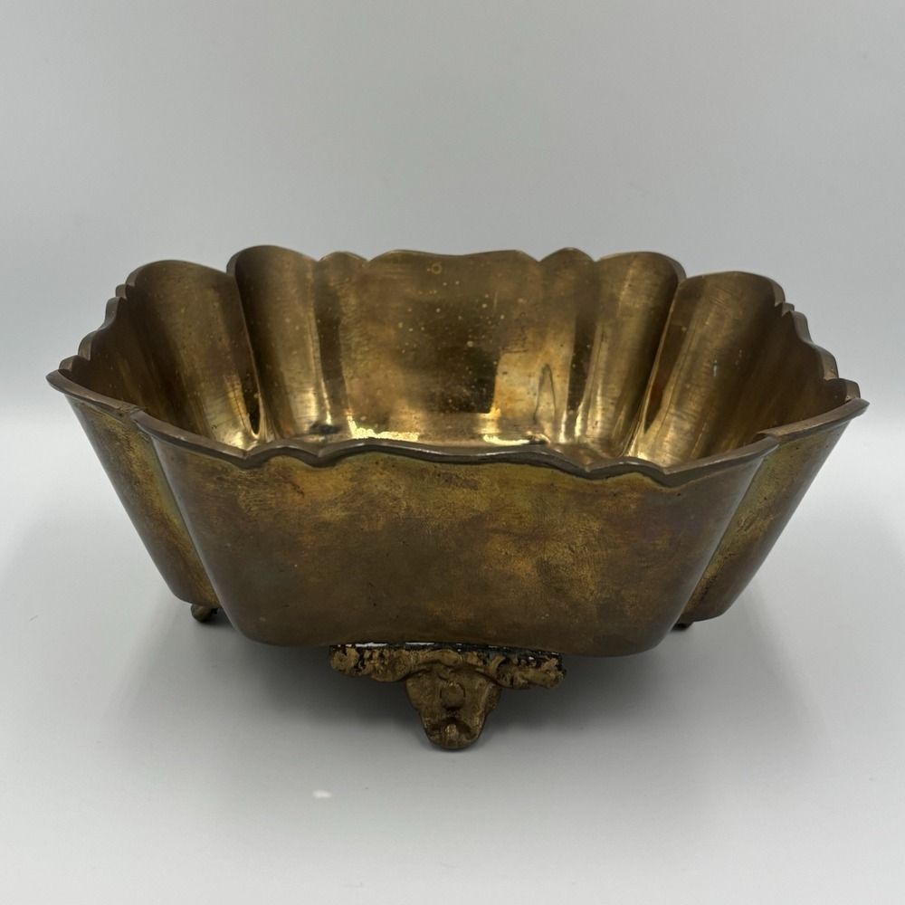 Vintage Art Deco Ornate Footed Solid Yellow Brass Square Ruffled Bowl - Picture 2 of 13